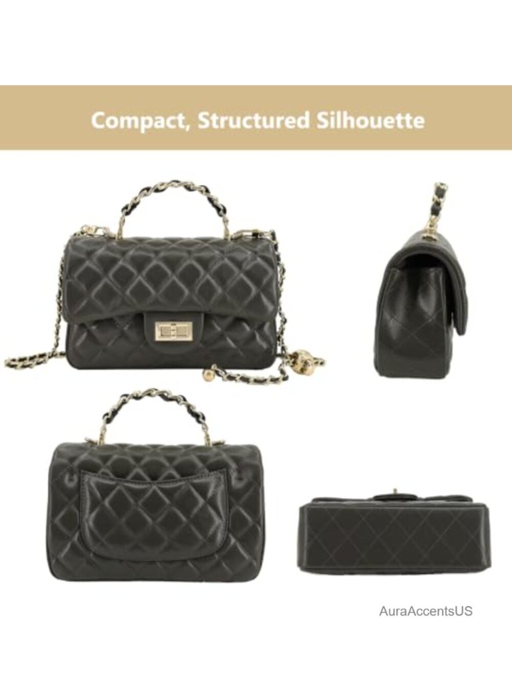 Small Quilted Leather Flap Crossbody Bag with Gold-Tone Chain Handle - Picture 2 of 6